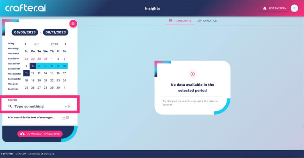 how to search chatbot transcripts