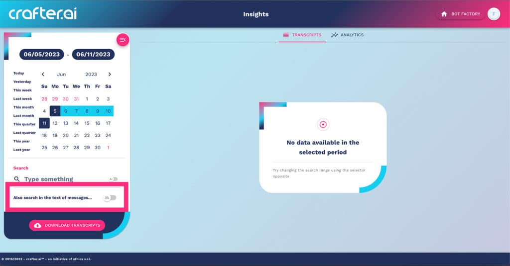 how to search messages inside chatbot transcripts