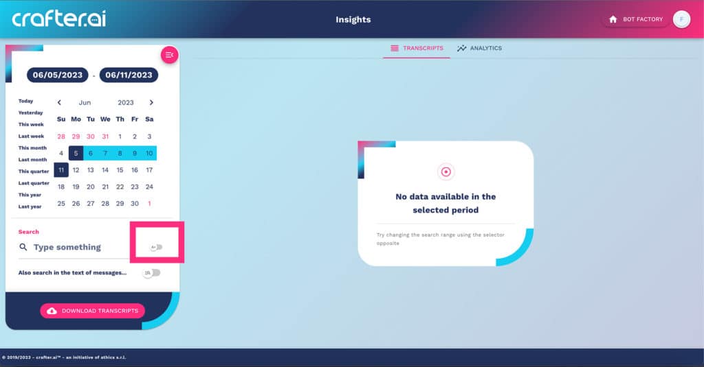 how to select case sensitive search in chatbot transcripts