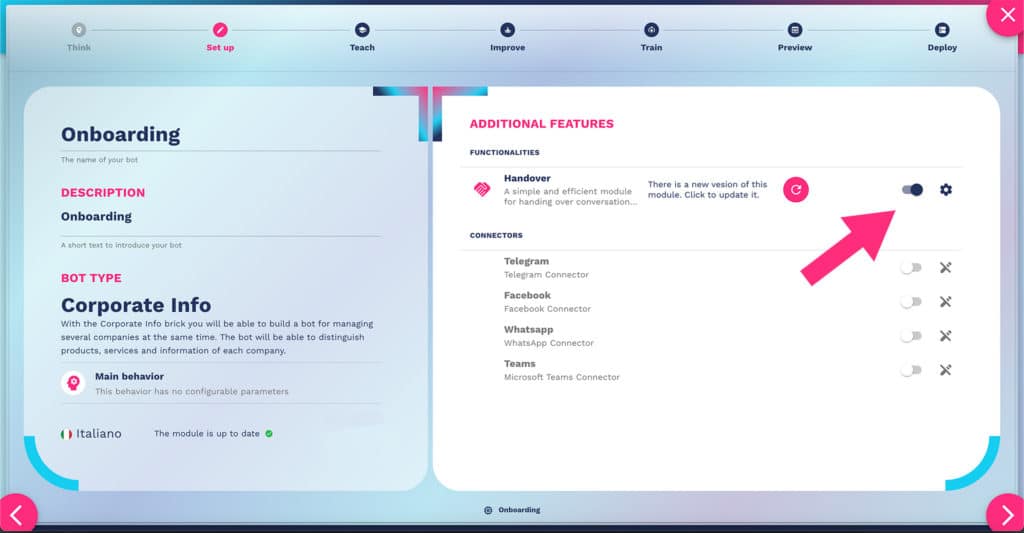 how to set active handover on chatbot