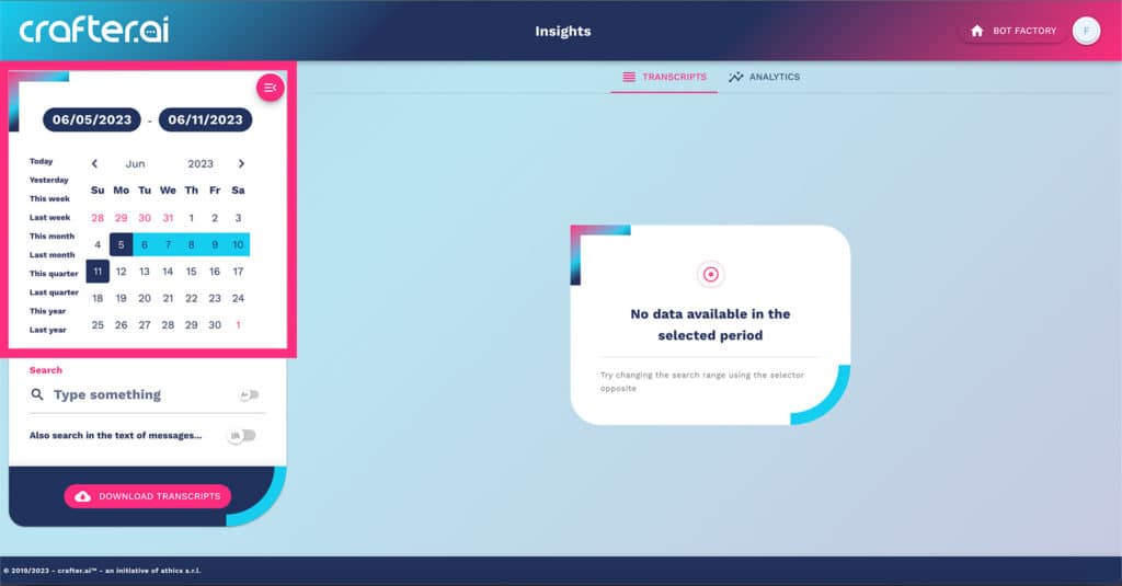 search trascripts chatbot by date range
