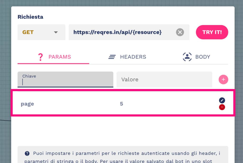 parametri API custom aggiunti correttamente