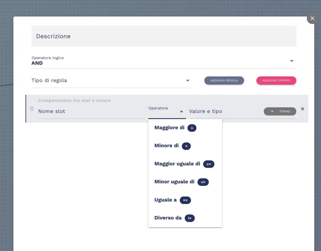 area di impostazione delle valutazioni e condizioni del chatbot