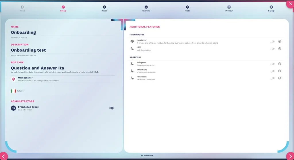 area di setup del chatbot