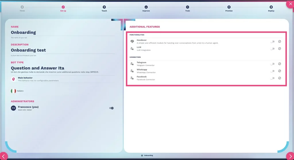 chatbot setup and additional features