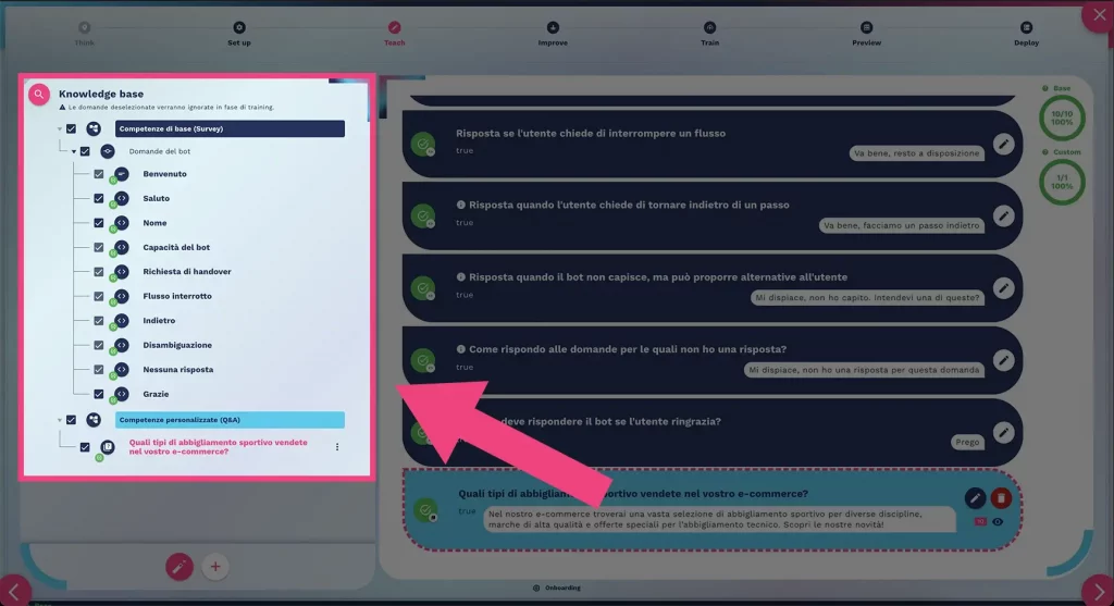 utilizzare i filtri per muoversi nella knowledge base del chatbot