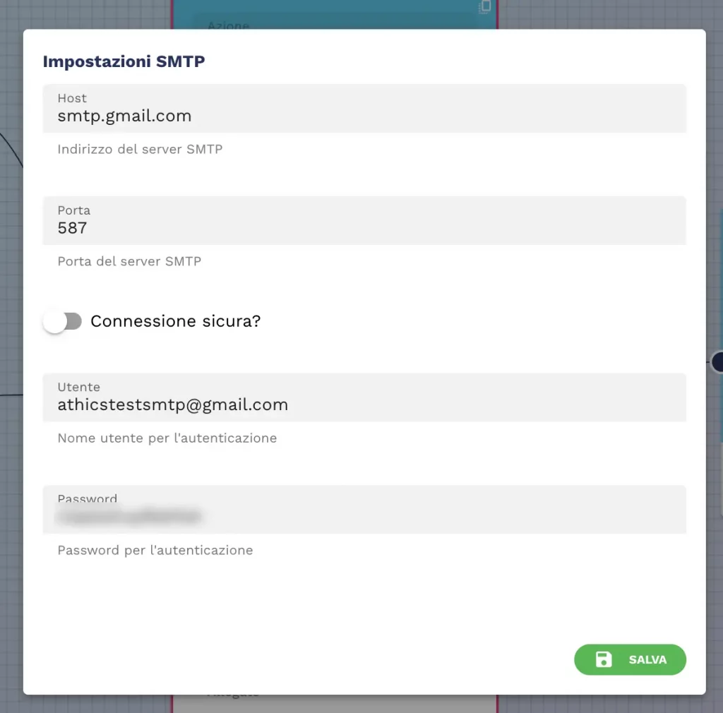 esempio impostazioni SMTP google per AI agents
