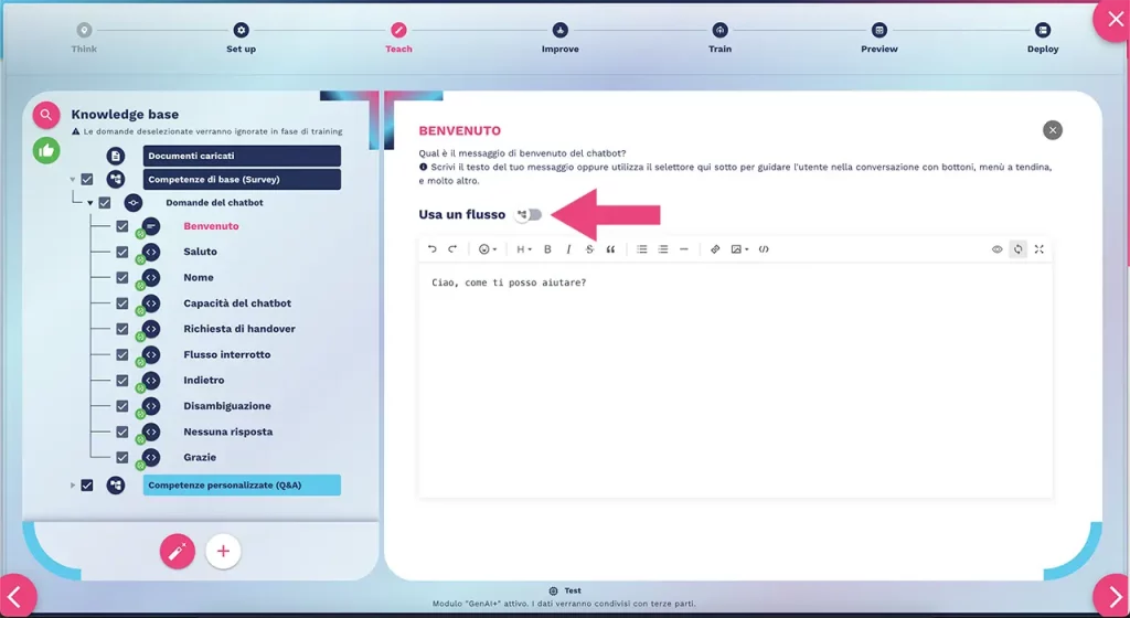 attiva flusso bot messaggio benvenuto